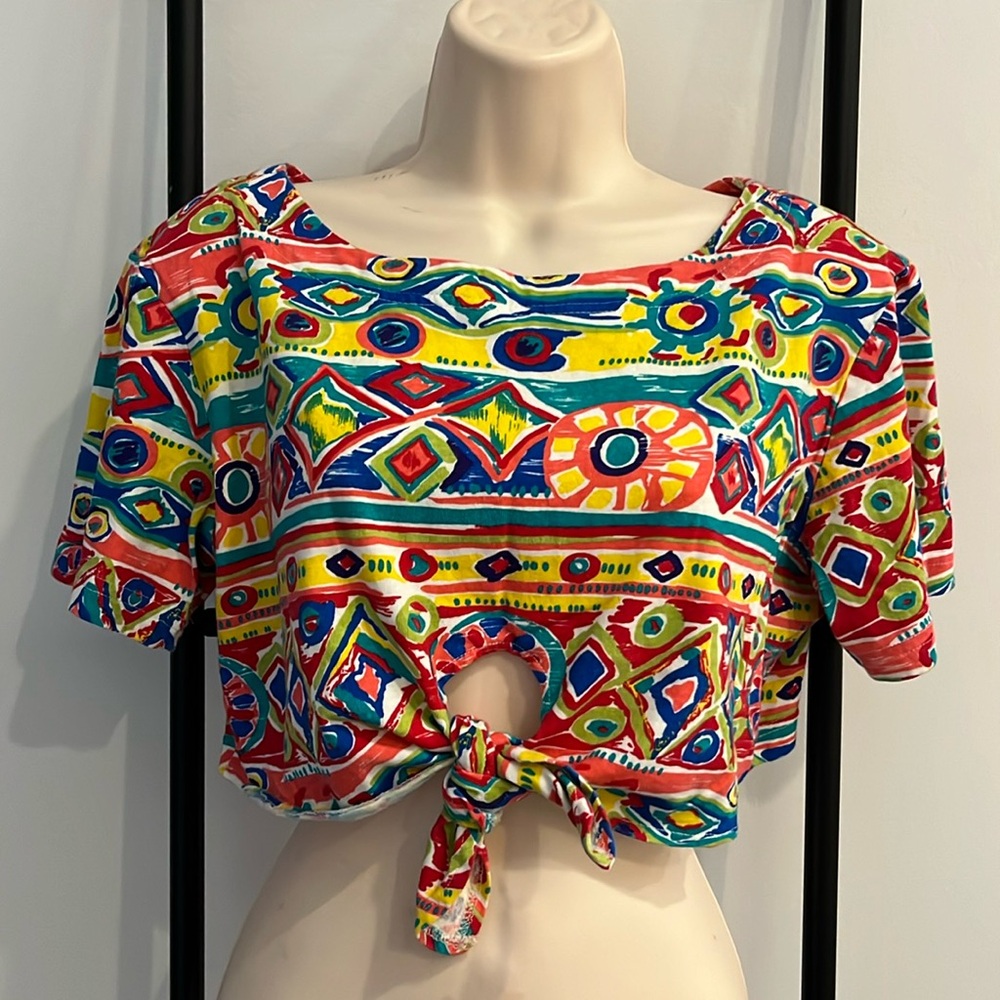 Vintage Fish Print Tie Front Crop Top Tropical Y2K Hippie USA